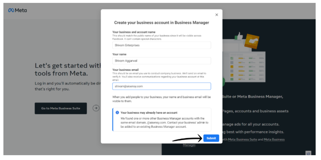 Add your Business details & press Submit